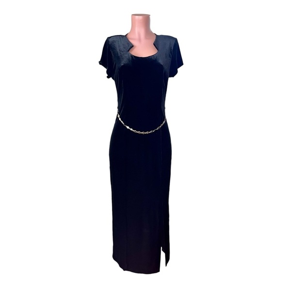 Vtg SCARLETT Stretch Velvet  Midi Pencil Dress Sz 9/10 Black Queen Ann Neckline - Picture 2 of 14